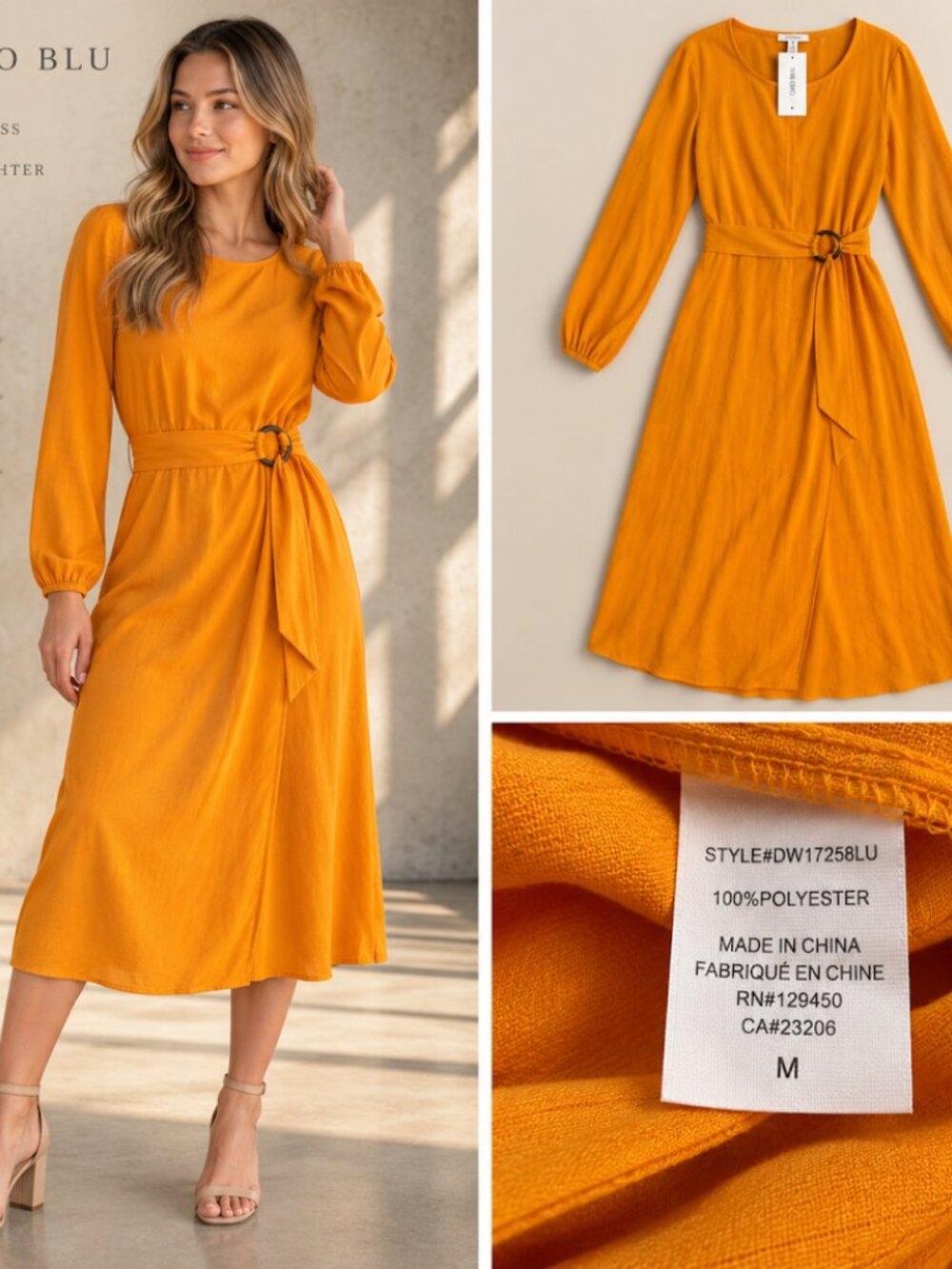 Como Blu Vibrant Mustard Orange Midi Dress with Ring Waist Tie - Size M Medium